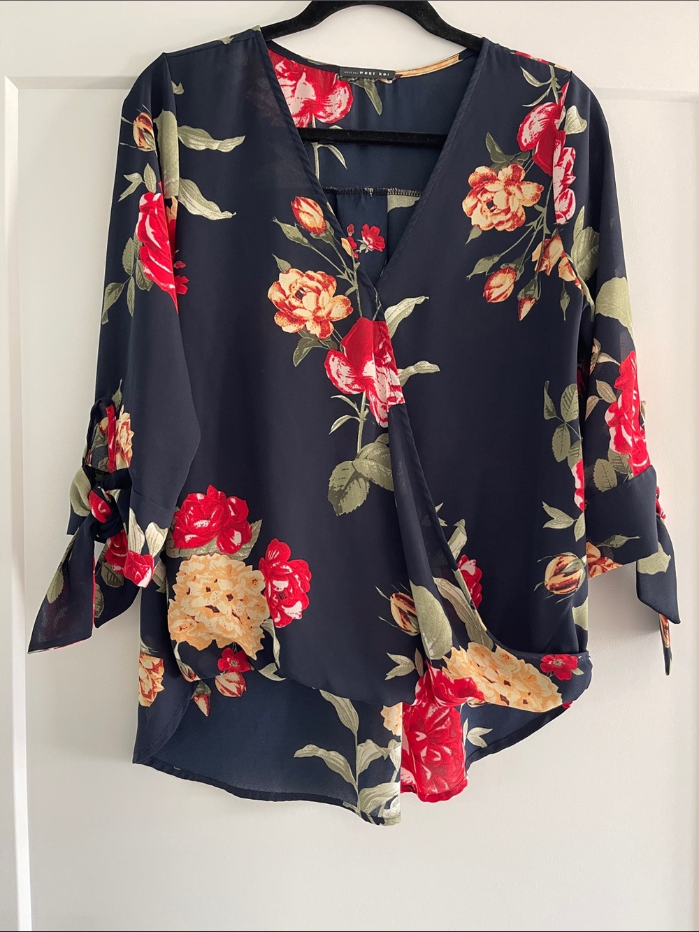 West Kei Navy Floral Surplice Wrap Blouse